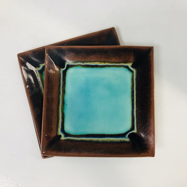 PLATE, 1960s Square Glazed Brown Aqua